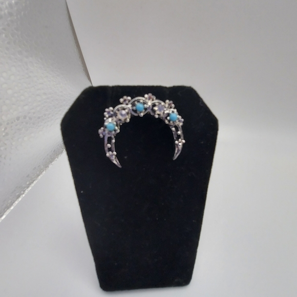 Vintage Silvertone Brooch w/ Clear Rhinestones & Turquoise Beads. VGC & Pretty! - Picture 6 of 11